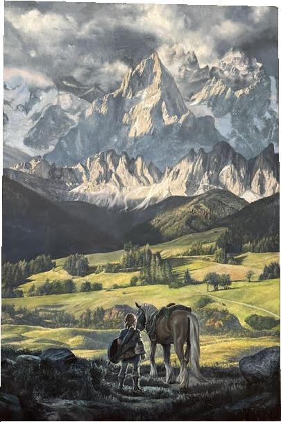 A painting of Link and a saddled horse overlooking a sunlit green valley